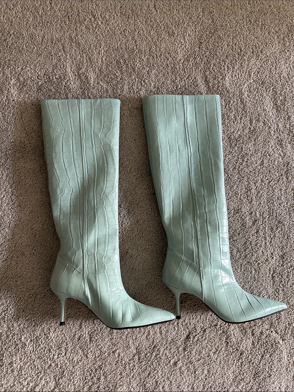 Zara Blue Croc-Embossed Knee-High Stiletto Boots